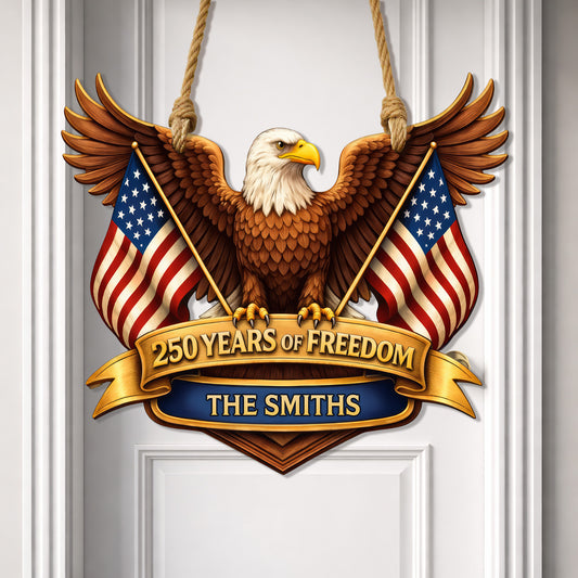 Custom Wood Sign, 250th Anniversary Gift Patriotic Eagle American Flag Family Name Decor