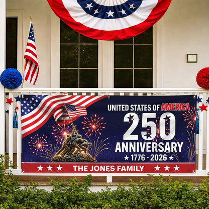 Personalized USA 250th Anniversary Family Banner – Patriotic Fireworks USA Flag 1776-2026 Decor