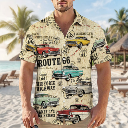 Route 66 Highway Map Vintage Muscle Car Unisex Hawaiian Shirt