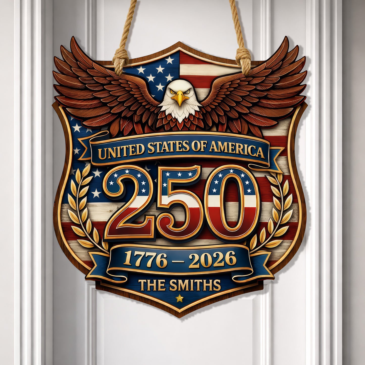Custom Wood Sign Gift, 250th Anniversary Patriotic Family Name Door Hanger