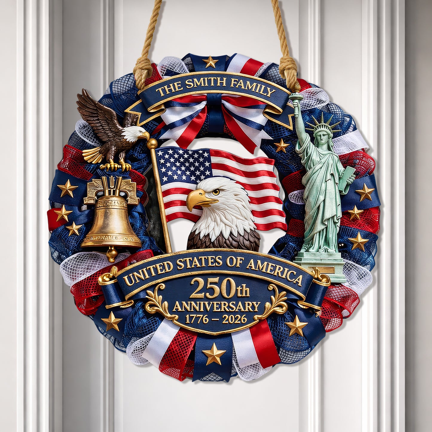 Custom Wood Sign, 250th Anniversary Gift 1776–2026 America Patriotic Family Name Door Wreath