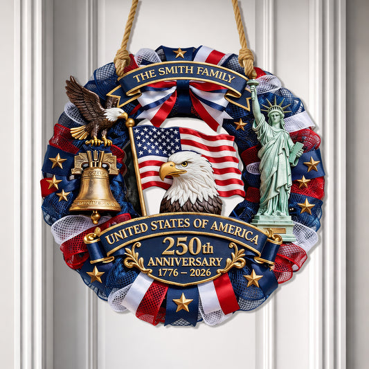 Custom Wood Sign, 250th Anniversary Gift 1776–2026 America Patriotic Family Name Door Wreath