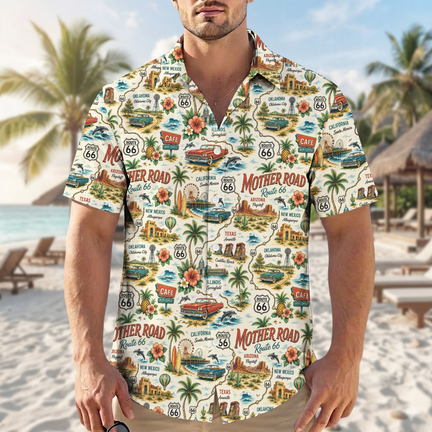 Route 66 Mother Road Map Classic Car Unisex Hawaiian Shirt