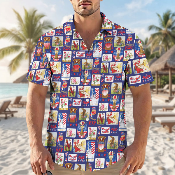 Vintage 4th of July Postcard Hawaiian Shirt - Men's Aloha Top