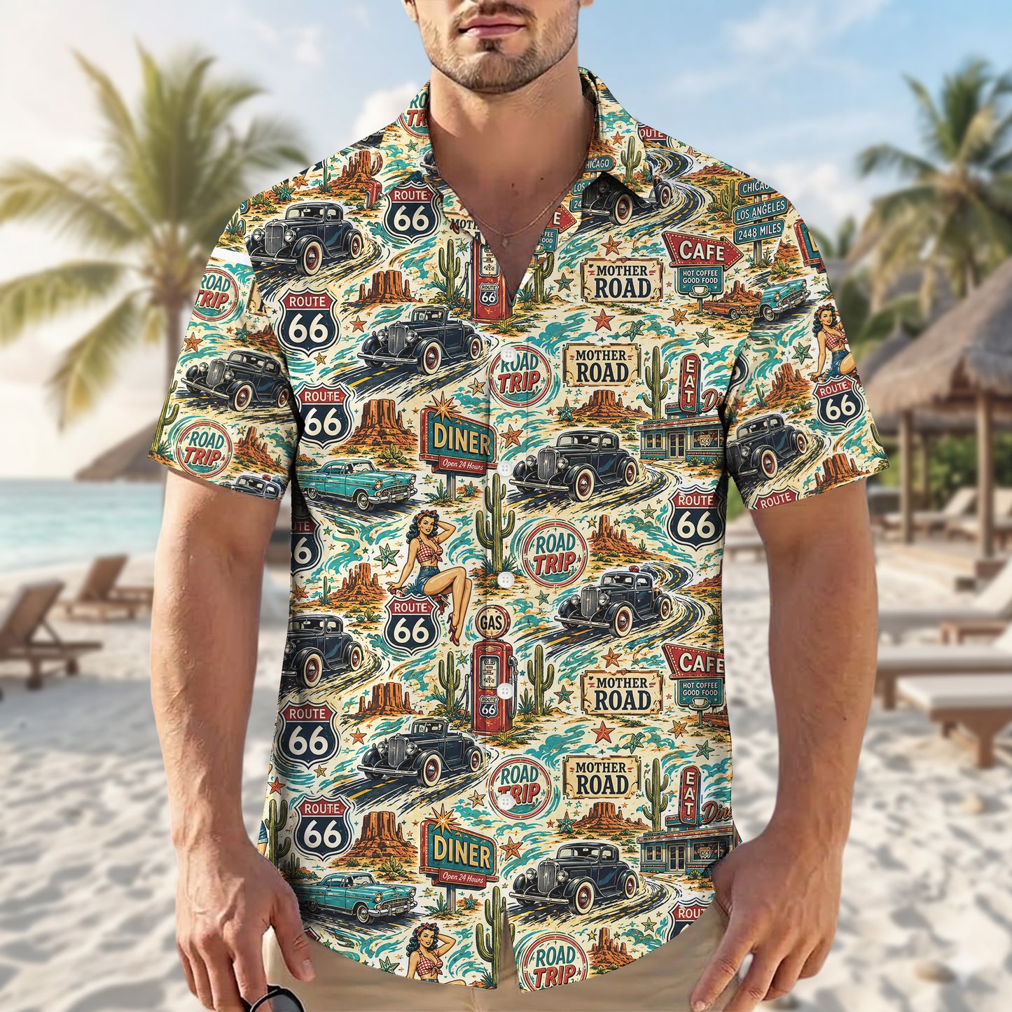 Route 66 Pin Up Girl Vintage Classic Car Unisex Hawaiian Shirt