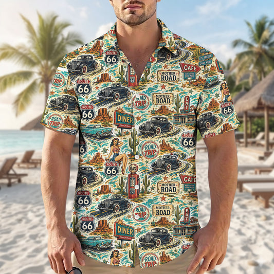 Route 66 Pin Up Girl Vintage Classic Car Unisex Hawaiian Shirt