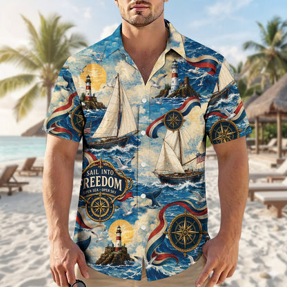 Sail Into Freedom Lighthouse Hawaiian Shirt - Vintage Nautical Aloha Top