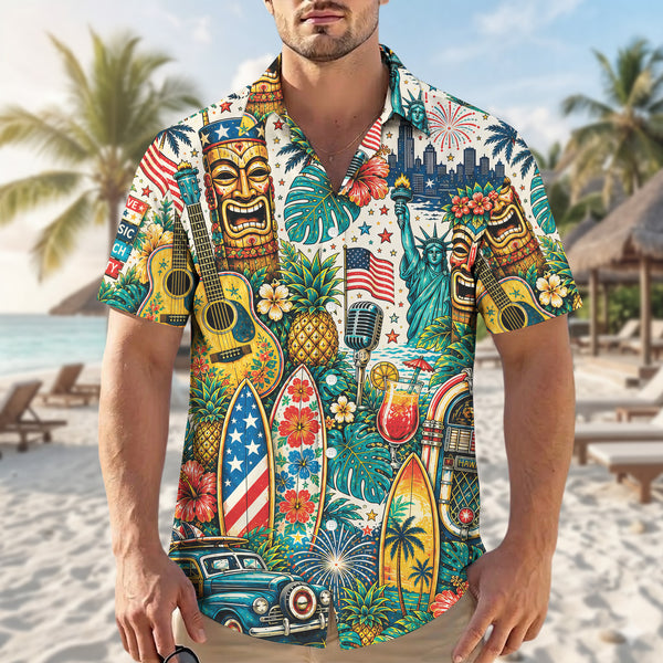 Patriotic Tiki Mask Jukebox Music Beach Unisex Hawaiian Shirt