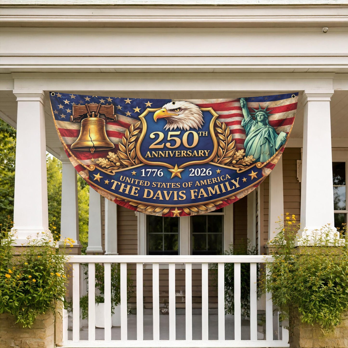 Personalized 250th Anniversary USA Flag – Custom Family Name, Eagle, Liberty Bell, 1776-2026