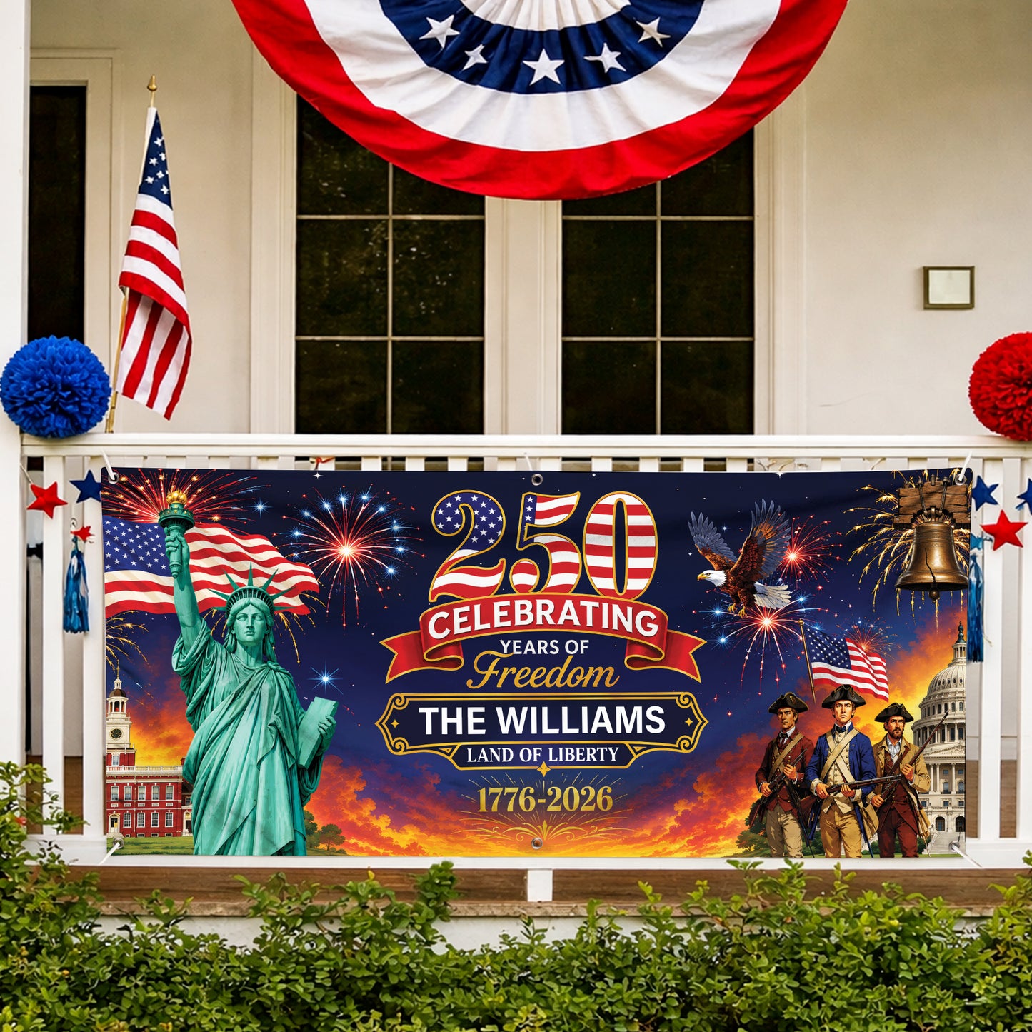 Personalized Banner 250 Years of Freedom Liberty & Heritage Fireworks Patriotic Independence Day