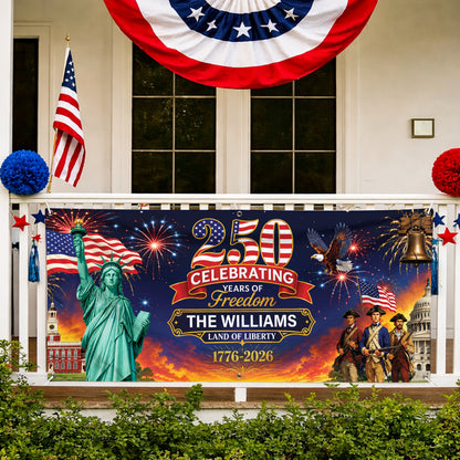 Personalized Banner 250 Years of Freedom Liberty & Heritage Fireworks Patriotic Independence Day