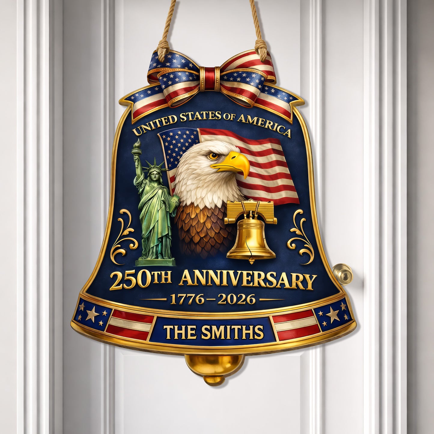 Custom Wood Sign, 250th Anniversary Gift Patriotic Eagle American Flag Family Name Door Hanger
