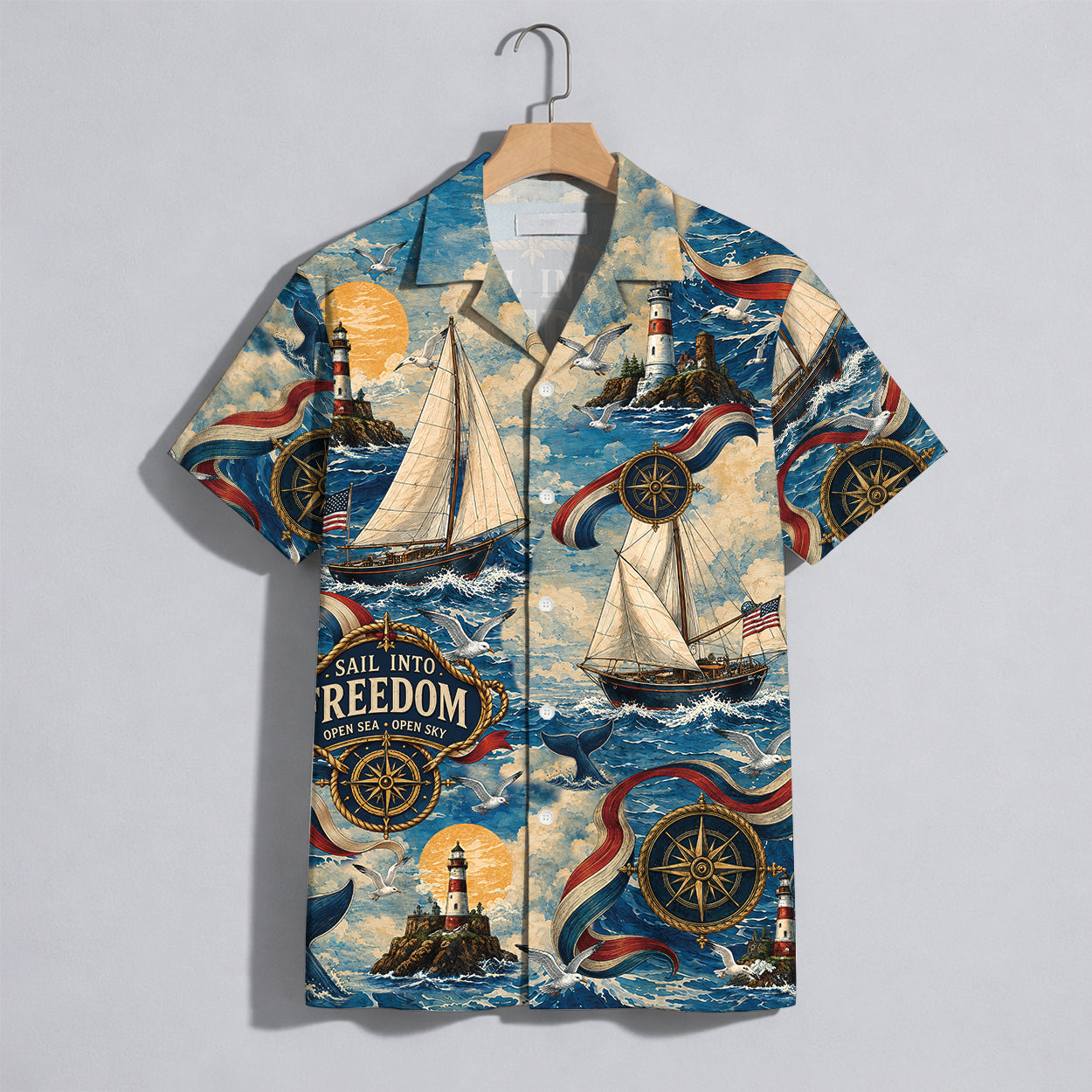 Sail Into Freedom Lighthouse Hawaiian Shirt - Vintage Nautical Aloha Top