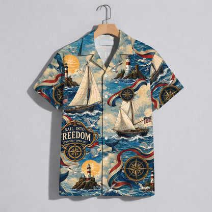 Sail Into Freedom Lighthouse Hawaiian Shirt - Vintage Nautical Aloha Top