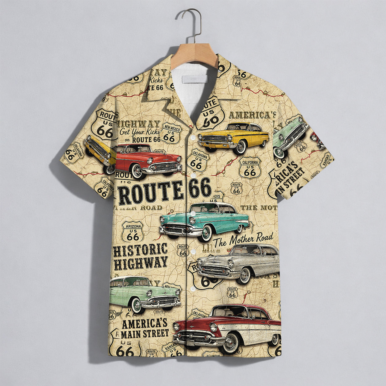 Route 66 Highway Map Vintage Muscle Car Unisex Hawaiian Shirt