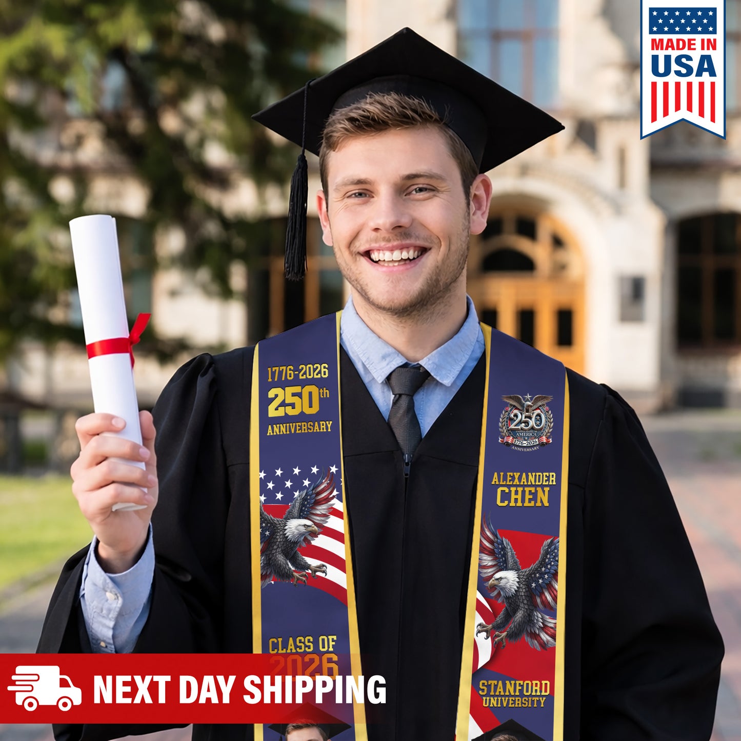 Custom Photo Class Of 2026 With America 250 Years Graduation Stole