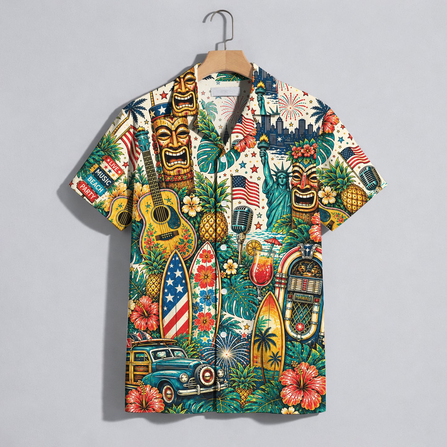 Patriotic Tiki Mask Jukebox Music Beach Unisex Hawaiian Shirt