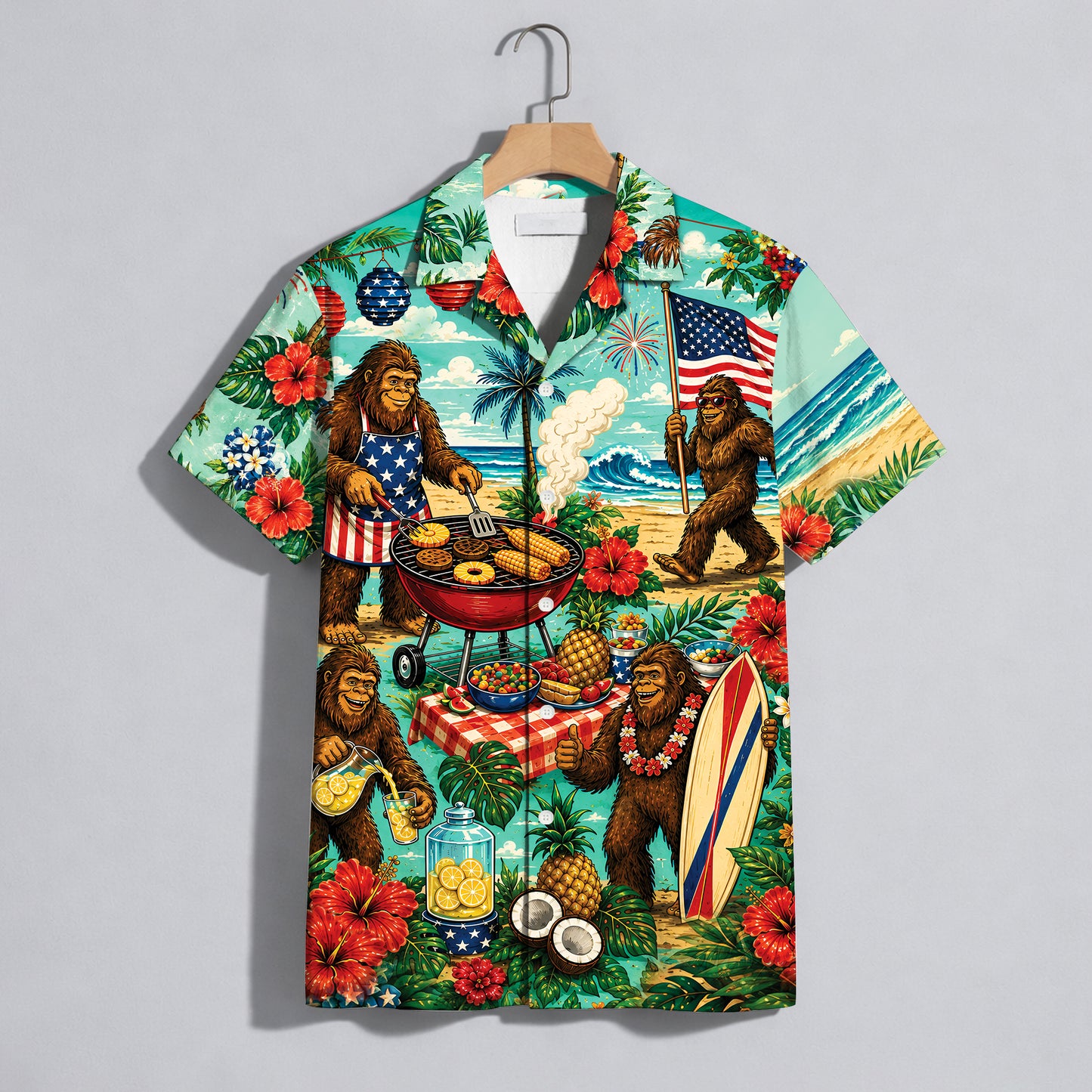 Funny Sasquatch Bigfoot Patriotic Beach Unisex Hawaiian Shirt