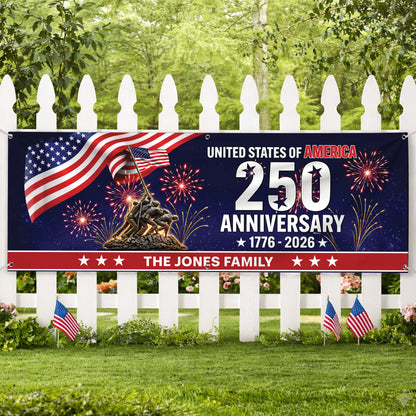 Personalized USA 250th Anniversary Family Banner – Patriotic Fireworks USA Flag 1776-2026 Decor