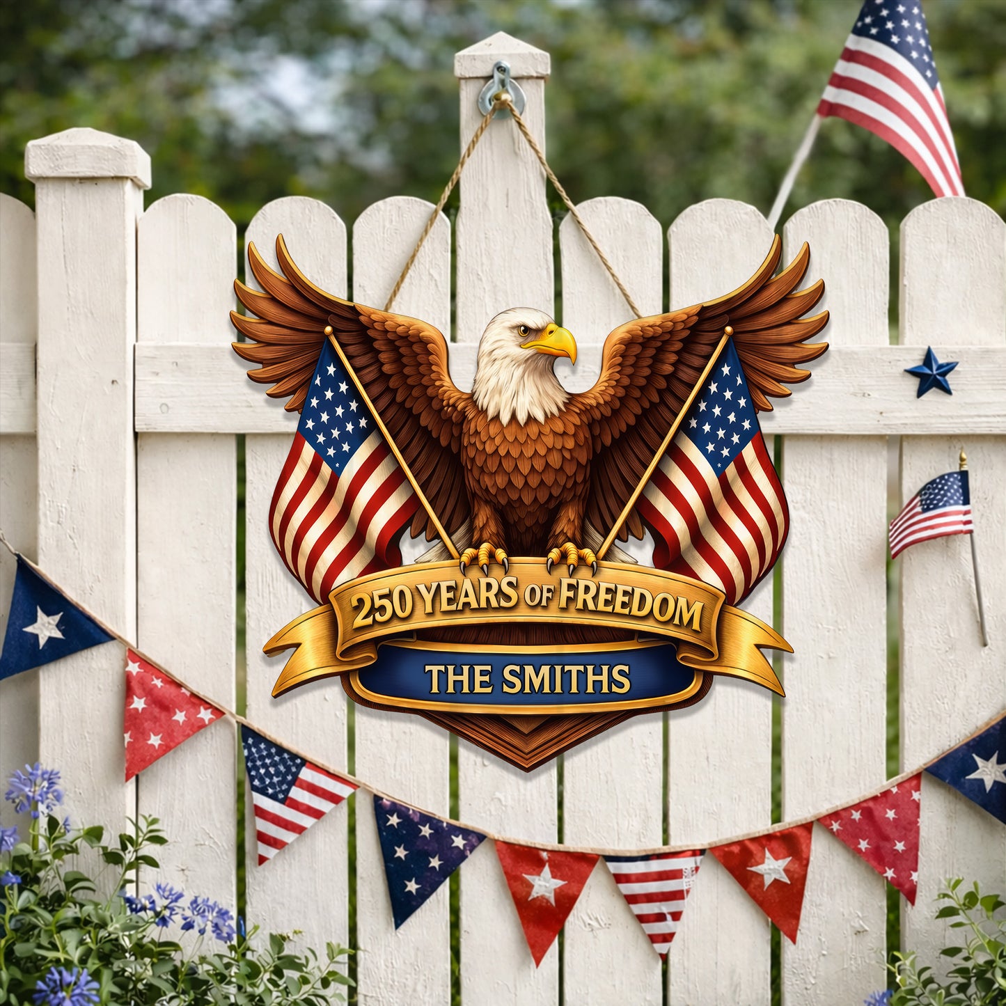 Custom Wood Sign, 250th Anniversary Gift Patriotic Eagle American Flag Family Name Decor