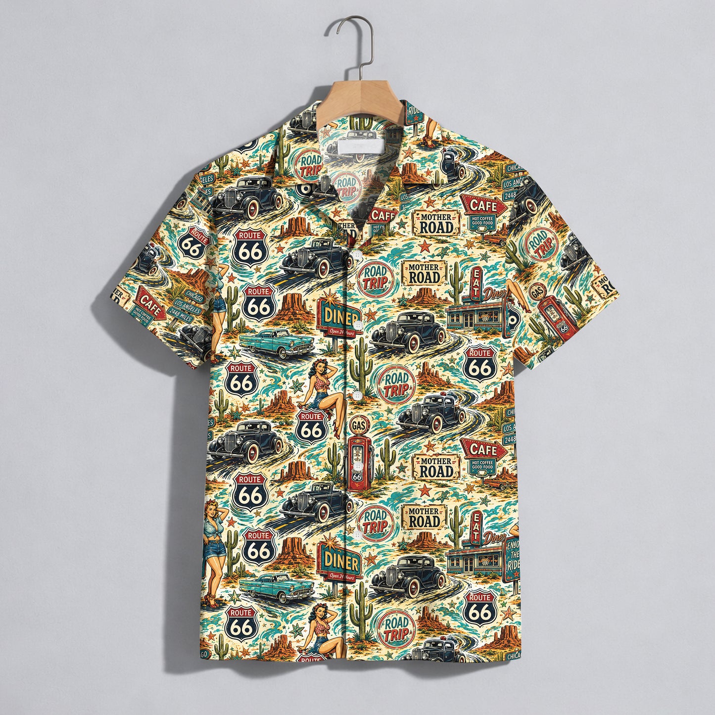 Route 66 Pin Up Girl Vintage Classic Car Unisex Hawaiian Shirt