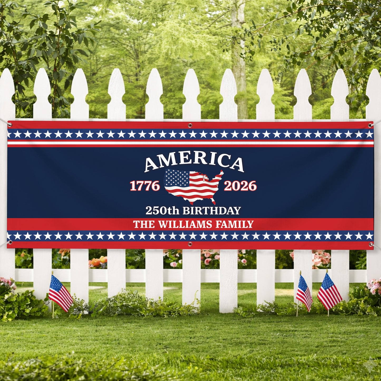 Custom USA 250th Birthday Banner – Personalized American Flag Family Name 1776–2026