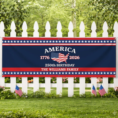 Custom USA 250th Birthday Banner – Personalized American Flag Family Name 1776–2026