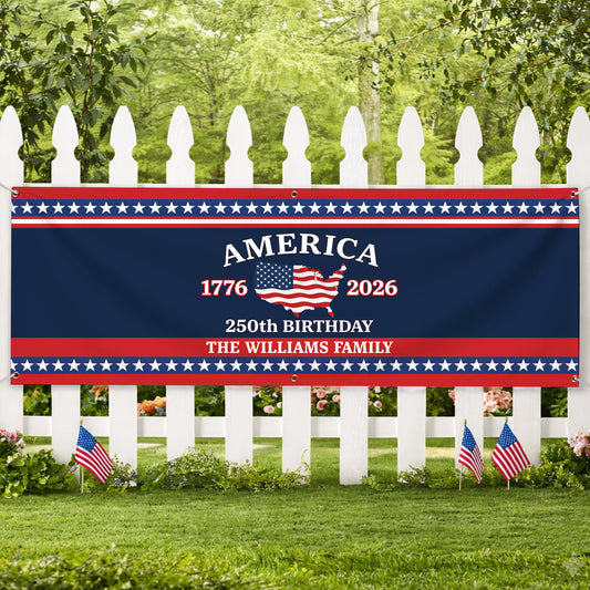 Custom USA 250th Birthday Banner – Personalized American Flag Family Name 1776–2026