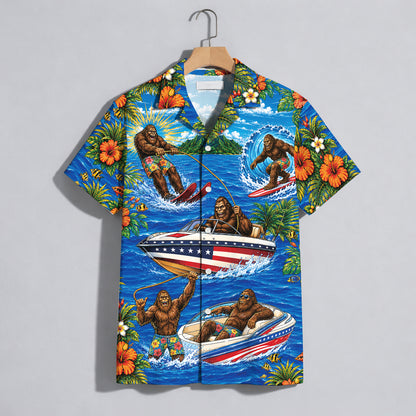 Funny Sasquatch Bigfoot Patriotic Beach Unisex Hawaiian Shirt
