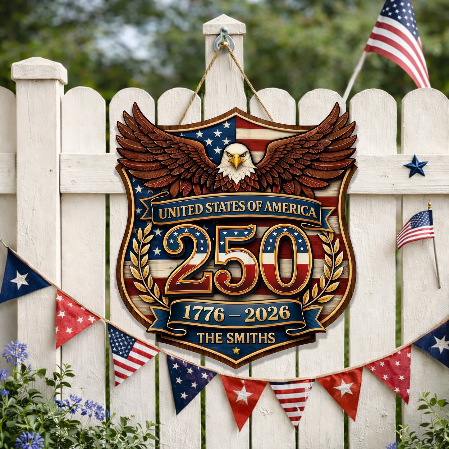Custom Wood Sign Gift, 250th Anniversary Patriotic Family Name Door Hanger