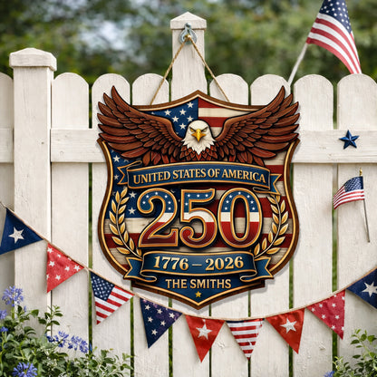 Custom Wood Sign Gift, 250th Anniversary Patriotic Family Name Door Hanger