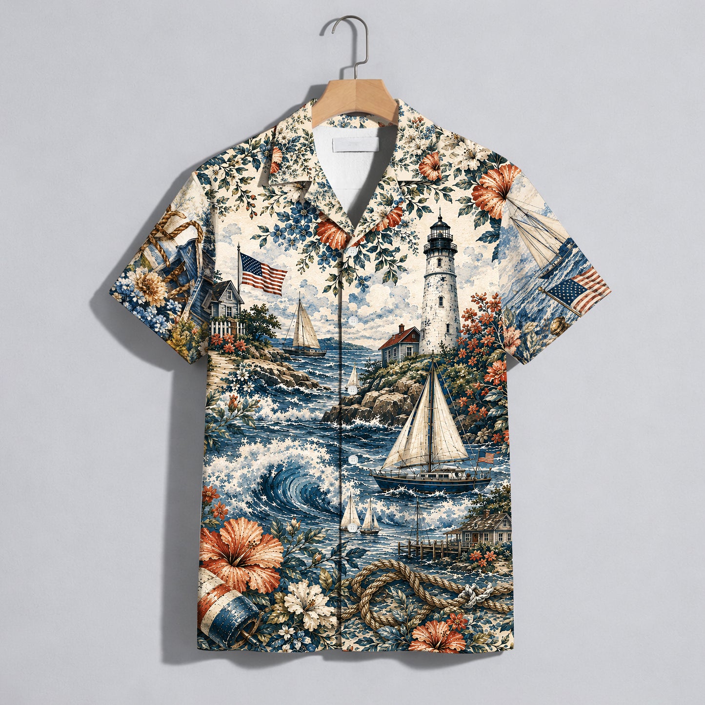Coastal Lighthouse Sailboat Patriotic Unisex Hawaiian Shirt