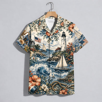 Coastal Lighthouse Sailboat Patriotic Unisex Hawaiian Shirt