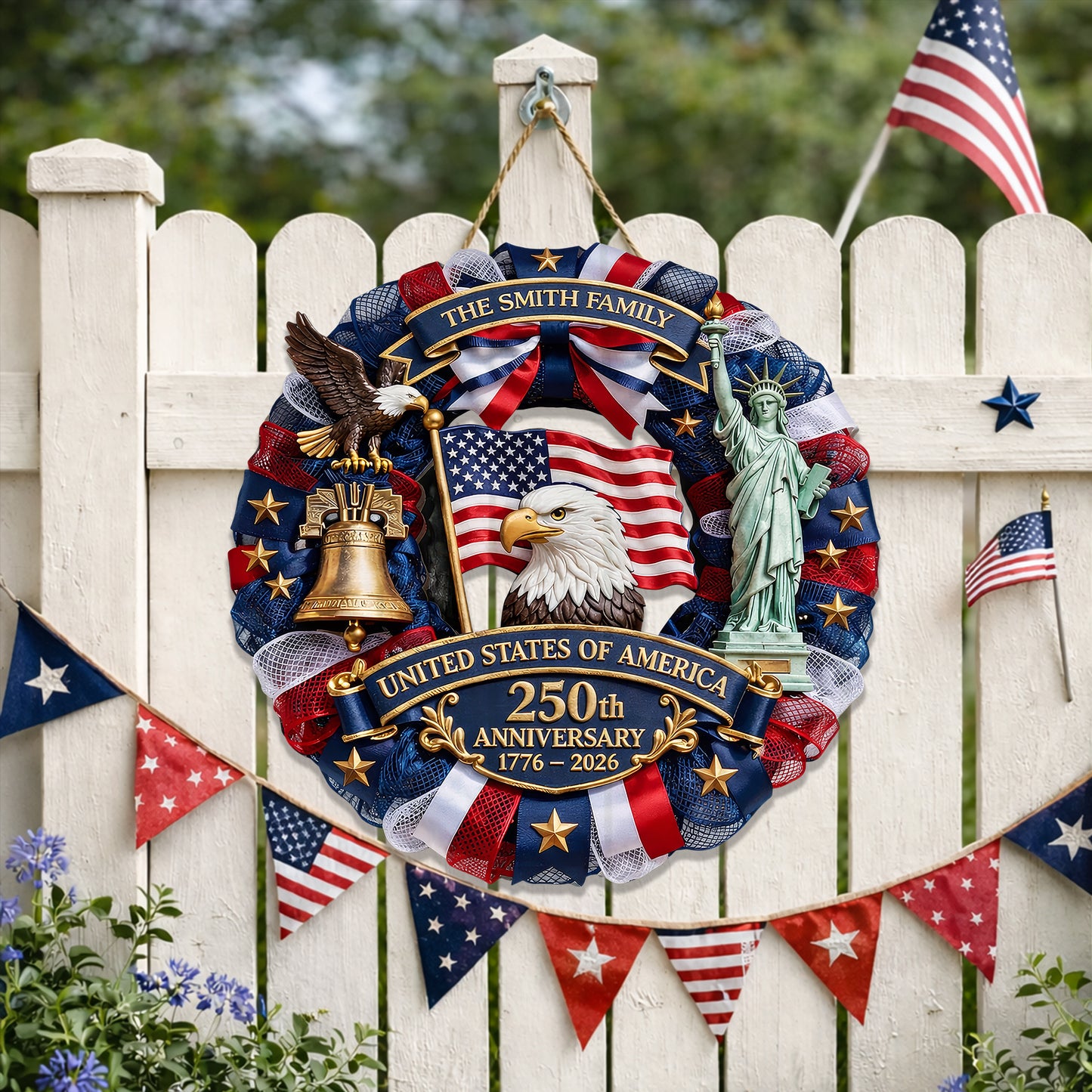 Custom Wood Sign, 250th Anniversary Gift 1776–2026 America Patriotic Family Name Door Wreath