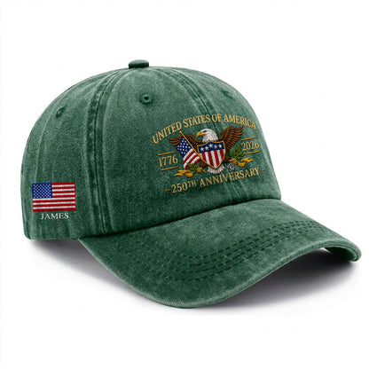 Personalized American Eagle and US Flag Printed Vintage Washed Baseball Cap | 250th Anniversary Hat