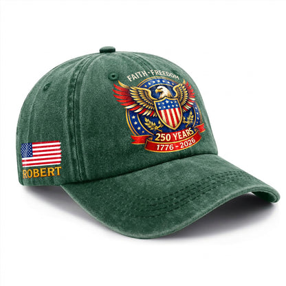 Personalized Eagle Faith Freedom USA Printed Vintage Washed Baseball Cap | 250th Anniversary Hat
