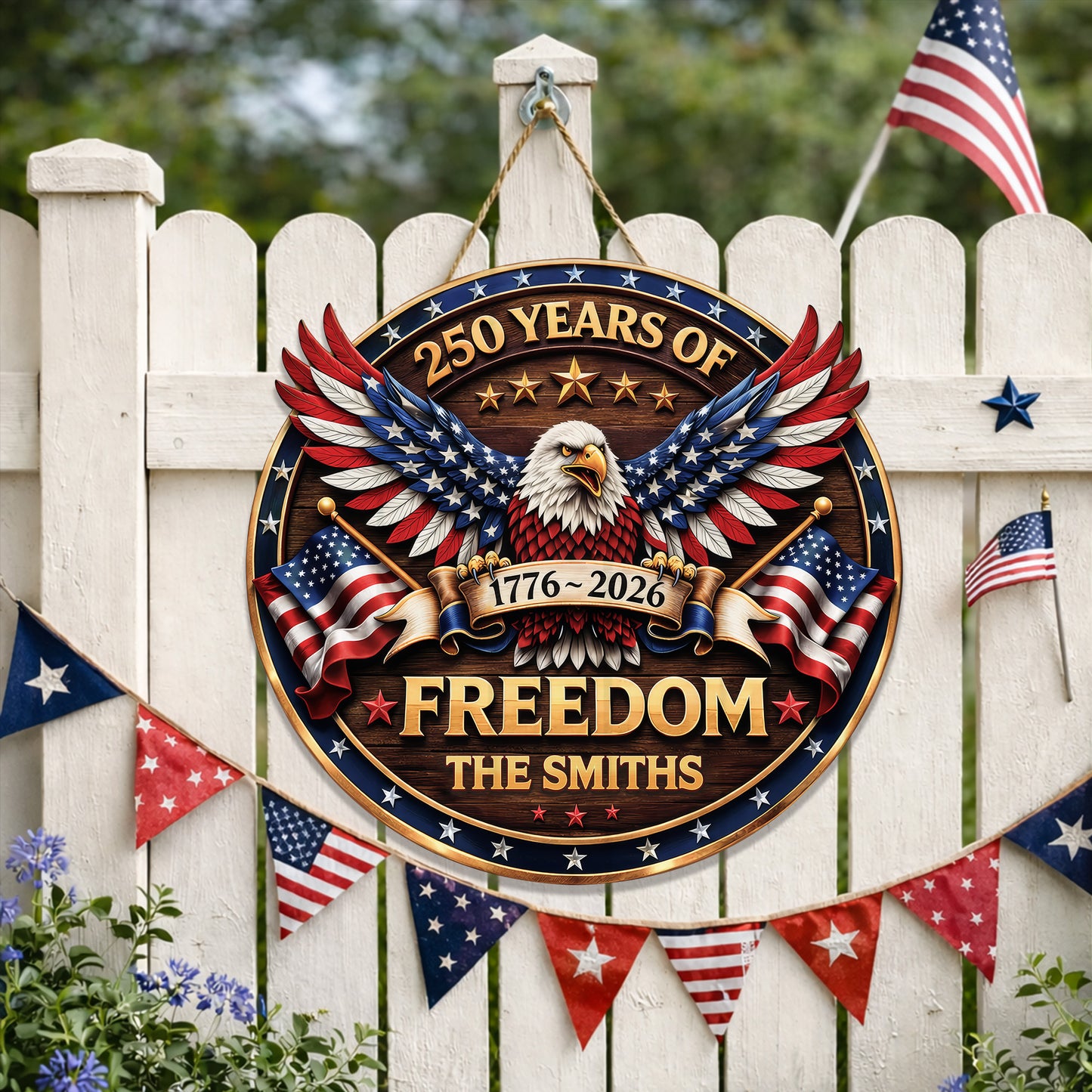 Custom Wood Sign 250th Anniversary Gift, Patriotic Family Name Freedom Door Hanger