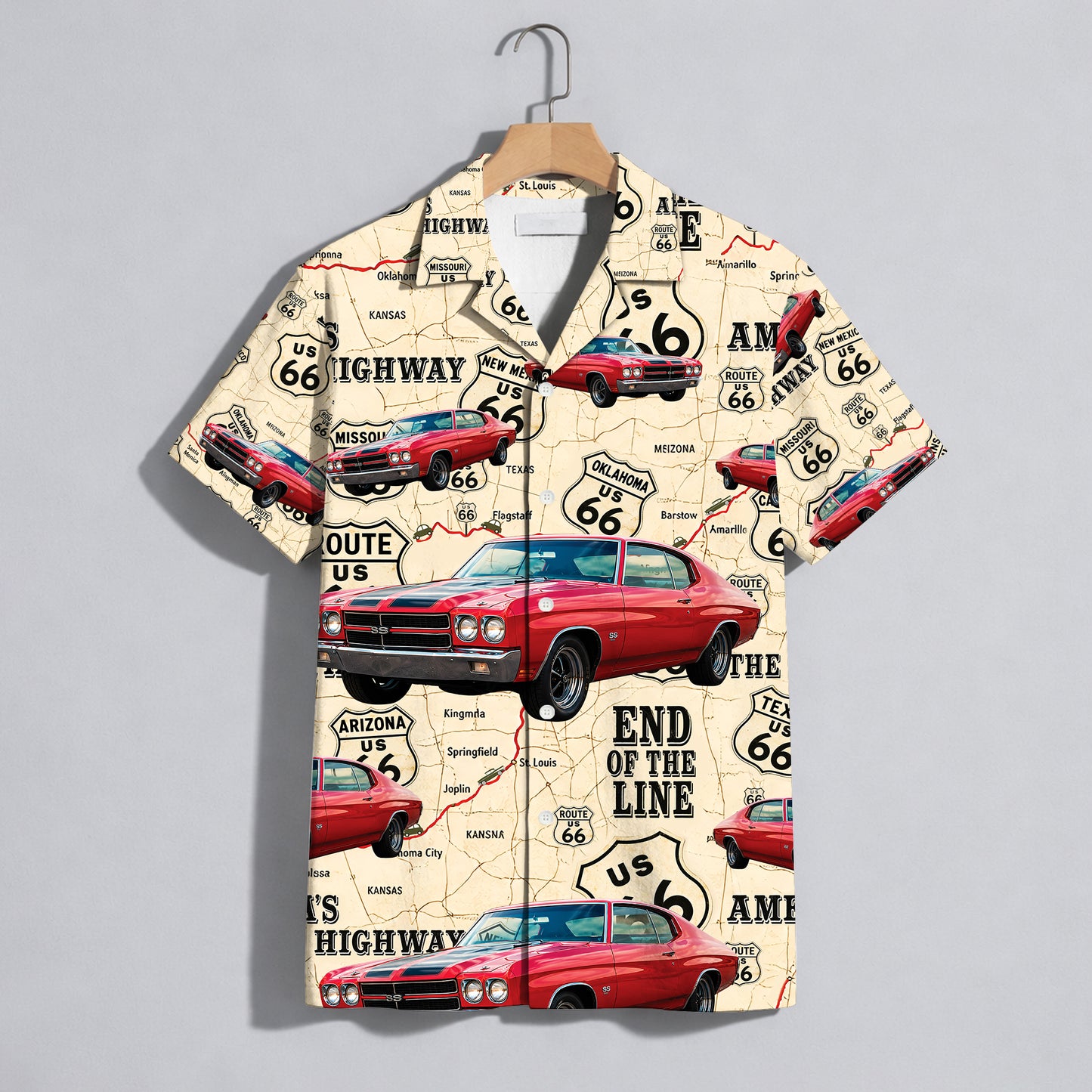 Route 66 Highway Map Vintage Muscle Car Unisex Hawaiian Shirt