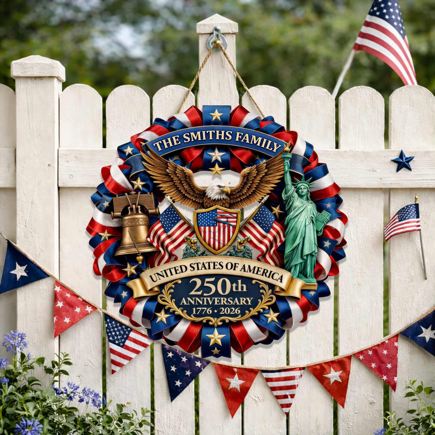 Personalized 250th Anniversary USA Wood Sign – American Flag, Eagle & Statue of Liberty, 1776-2026
