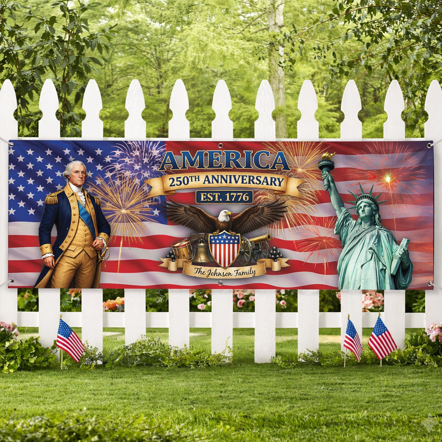 Custom USA 250th Anniversary Banner – George Washington & Liberty Patriotic Family Name Flag