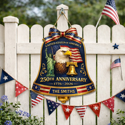 Custom Wood Sign, 250th Anniversary Gift Patriotic Eagle American Flag Family Name Door Hanger