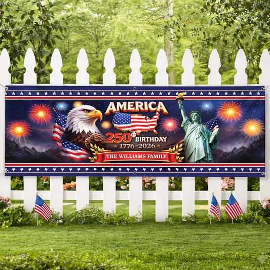 Personalized America 250th Birthday Banner - Eagle, Statue of Liberty, Fireworks Patriotic 1776-2026