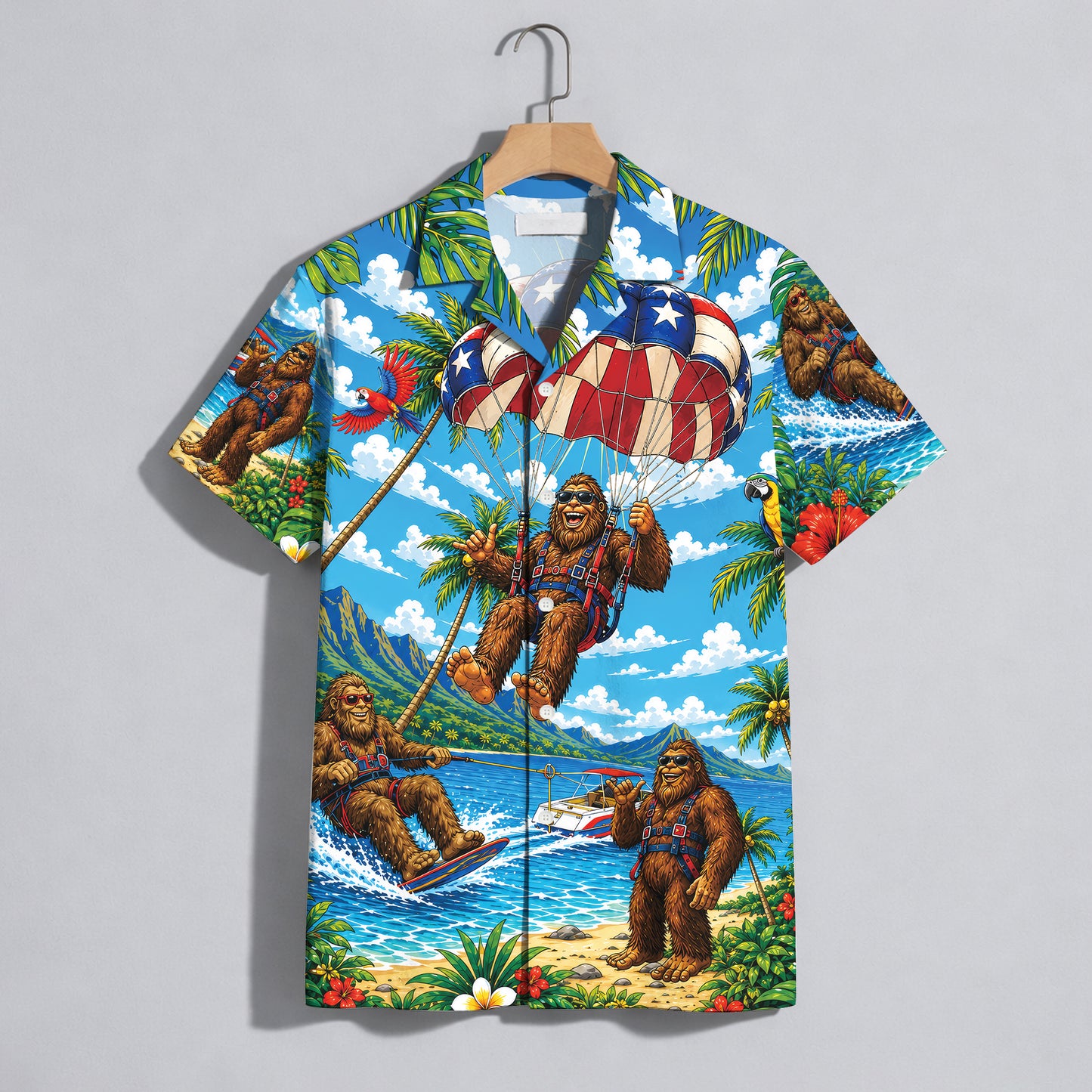 Funny Sasquatch Bigfoot Patriotic Beach Unisex Hawaiian Shirt
