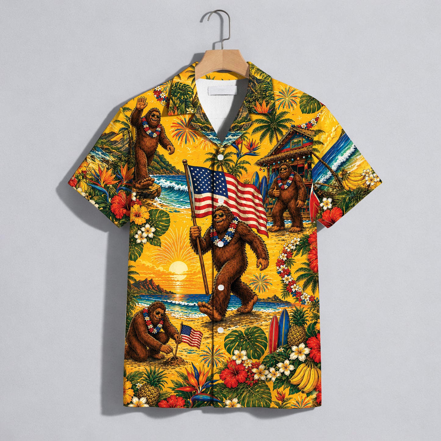 Funny Sasquatch Bigfoot Patriotic Beach Unisex Hawaiian Shirt