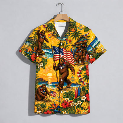 Funny Sasquatch Bigfoot Patriotic Beach Unisex Hawaiian Shirt