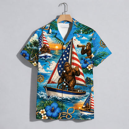Funny Sasquatch Bigfoot Patriotic Beach Unisex Hawaiian Shirt