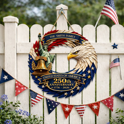 Custom Wood Sign, 250th Anniversary Gift Patriotic Eagle Family Name Door Hanger