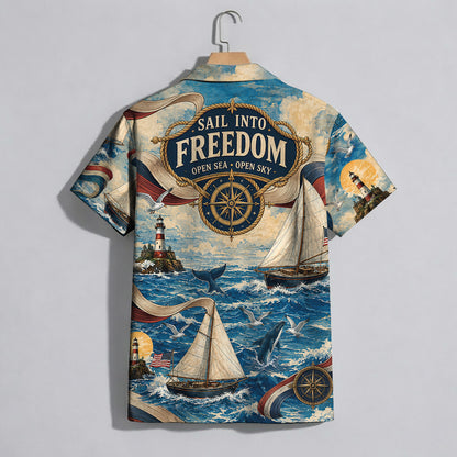 Sail Into Freedom Lighthouse Hawaiian Shirt - Vintage Nautical Aloha Top