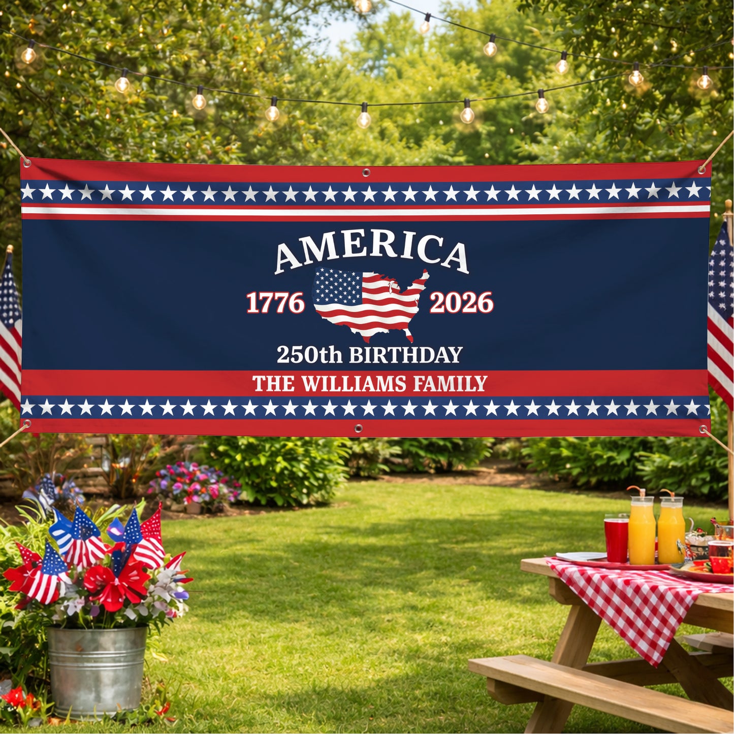 Custom USA 250th Birthday Banner – Personalized American Flag Family Name 1776–2026