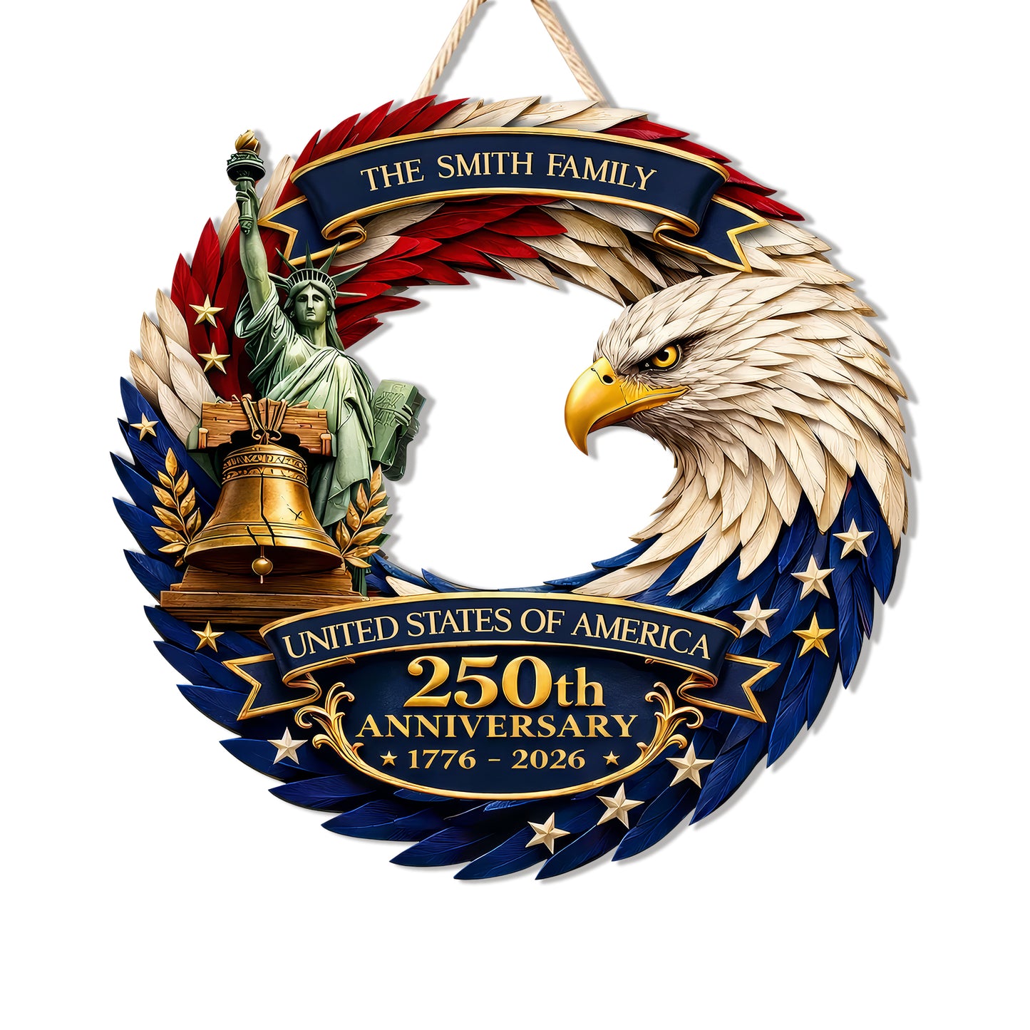 Custom Wood Sign, 250th Anniversary Gift Patriotic Eagle Family Name Door Hanger